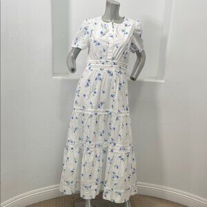 Quince Organic Cotton Poplin Tiered White Blue Stems Print Maxi Dress Size M